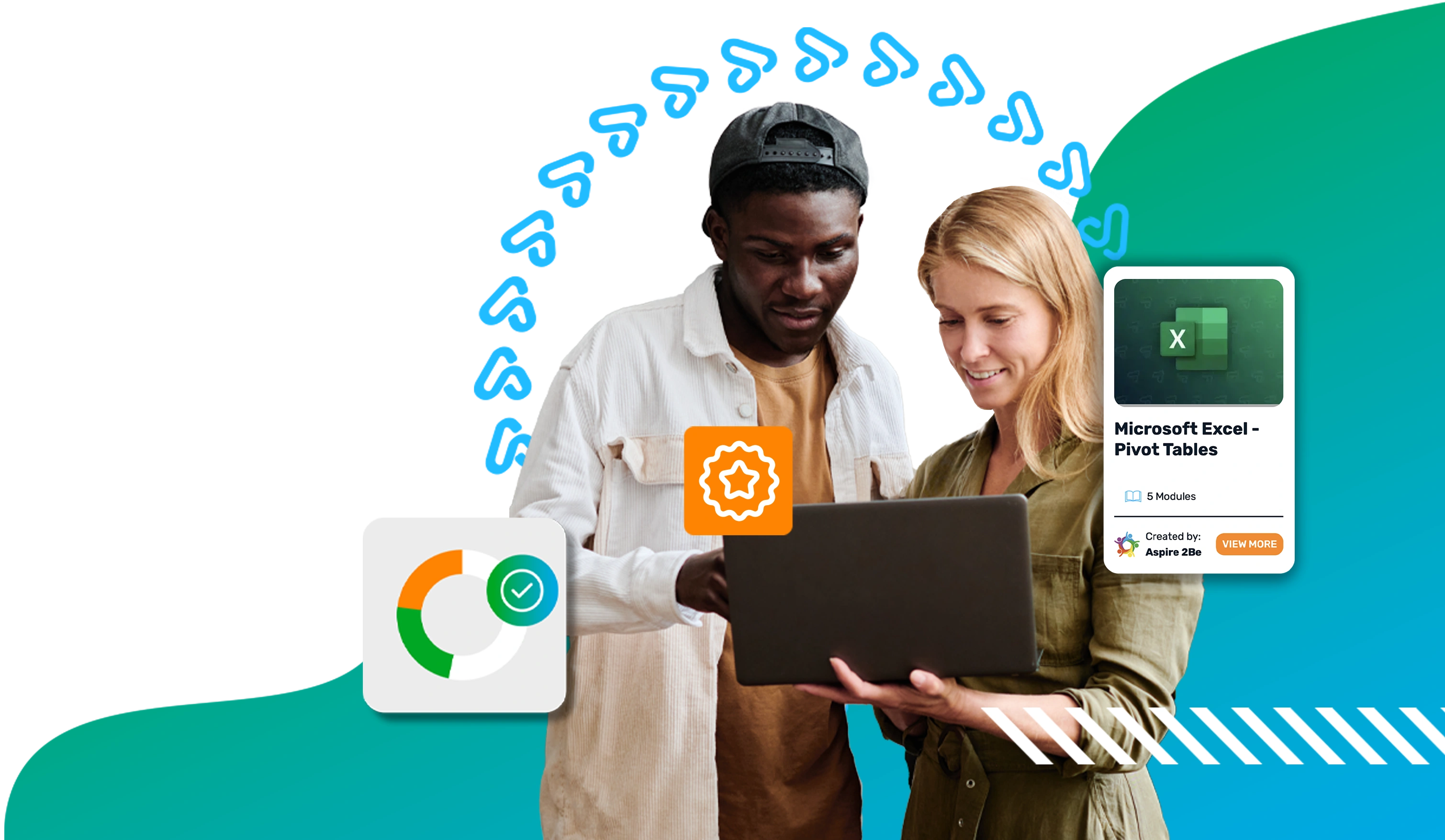 Heading image showing and man and woman on a laptop developing their digital skills through Aspire360 LMS.