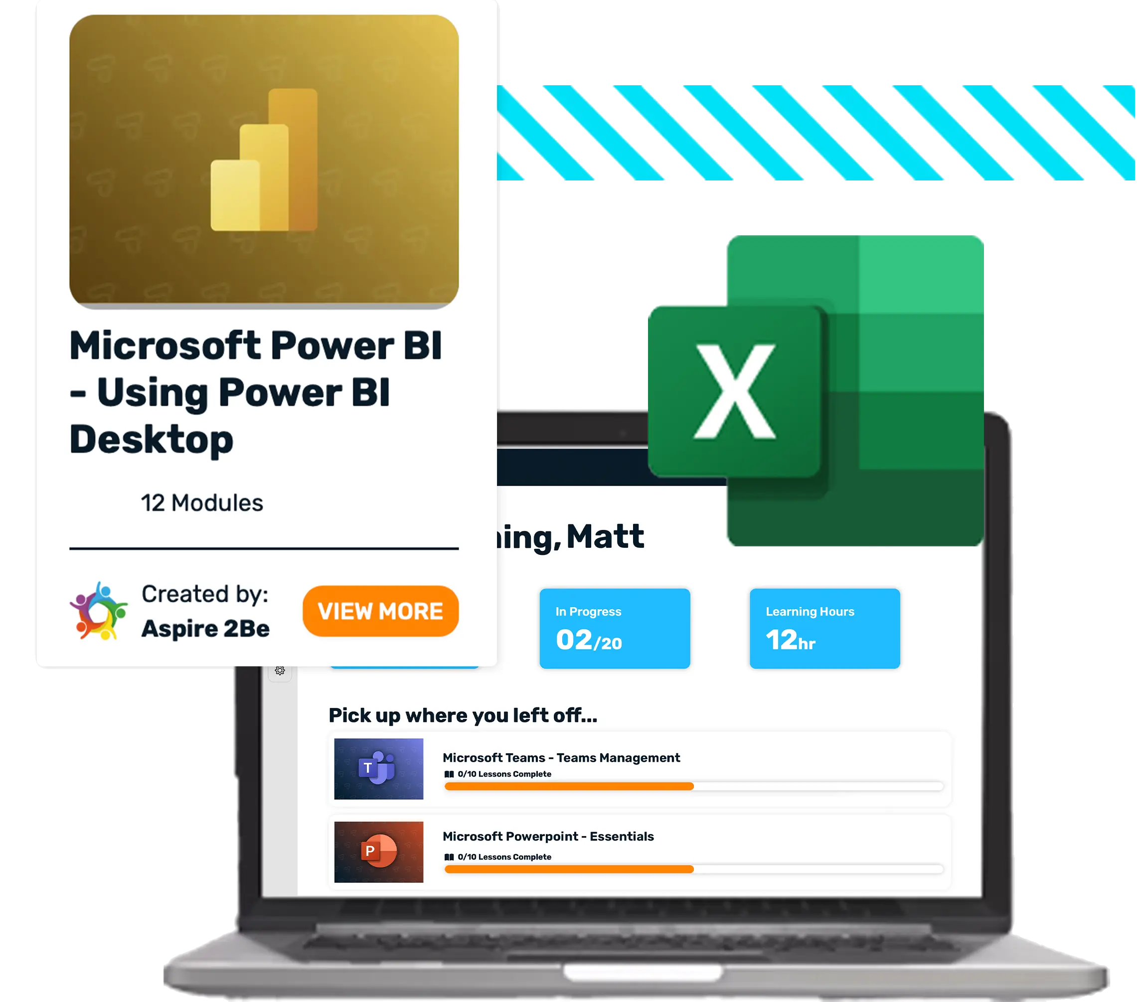 Aspire360 LMS dashboard on a laptop showing course completion stats and detailed learner progress.