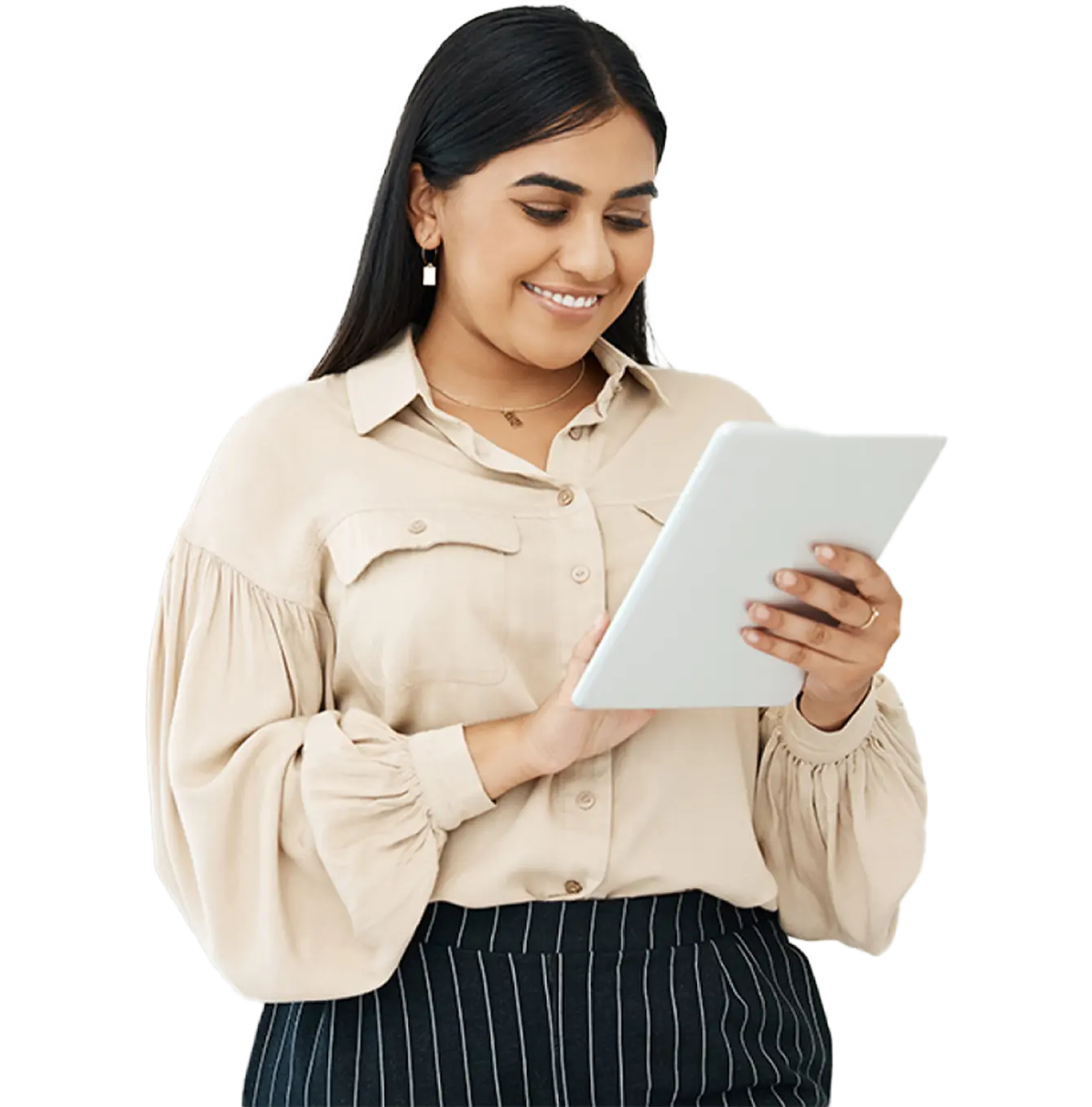 Woman learning online on an iPad through Aspire360 LMS platform to build professional digital skills remotely.