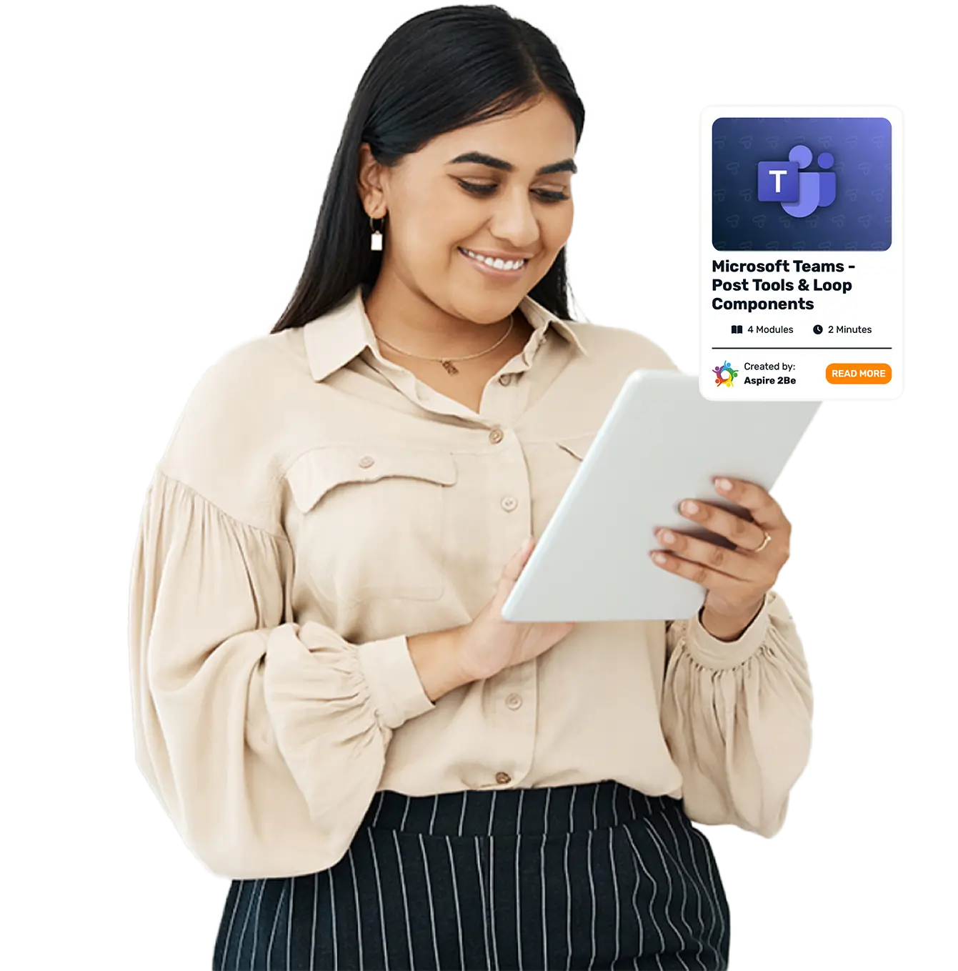 Woman learning online on an iPad through Aspire360 LMS platform to build professional digital skills remotely.