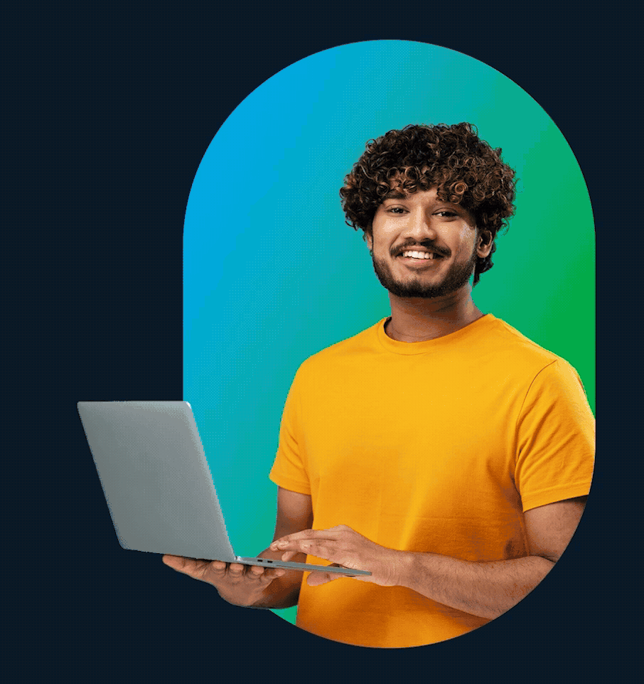Aspire360 Animated GIF header image of a young man in a yellow t-shirt using a laptop. Icons for Microsoft word, excel and copilot