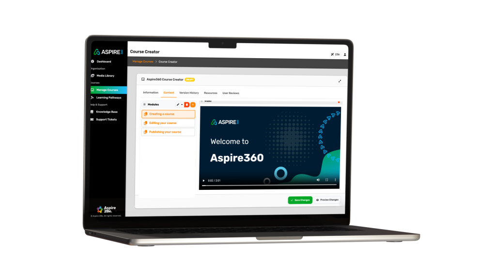 Open laptop screen showing the Aspire360 learning content